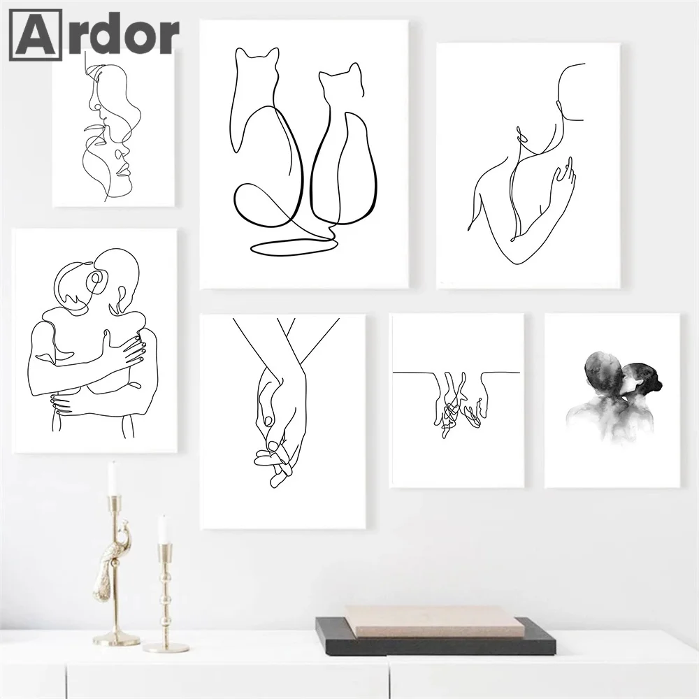 Couple Line Drawing Hand In Hand Sketch Cat Print Minimalist Abstract Wall Art Canvas Painting Black And White Poster Home Decor