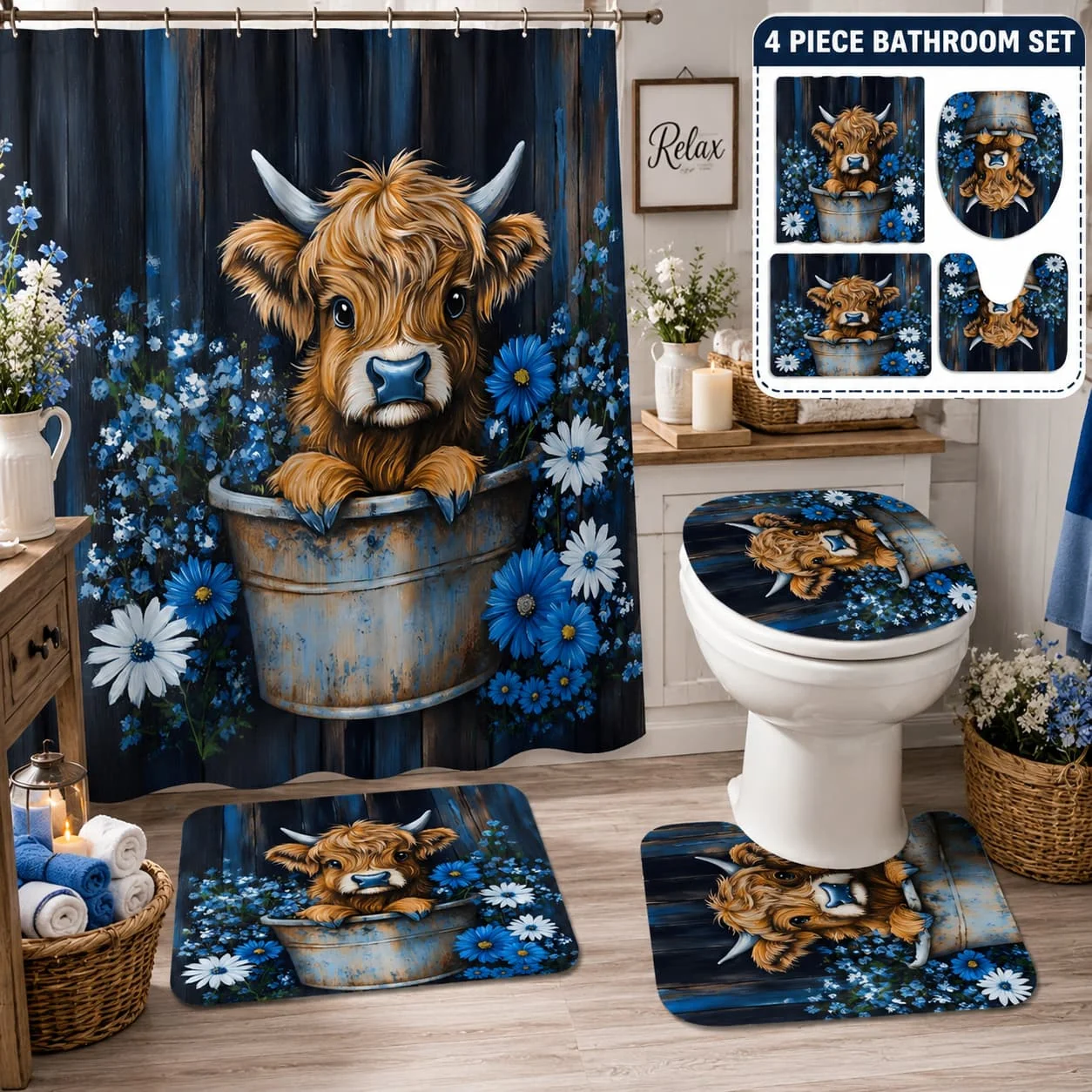 4pcs Highland Cow Scottish Cow Bathroom Set - Blue Flower & Rustic Farmhouse Shower Curtain with Includes 12 hooks, shower curtain, bath mat, U-shaped rug, and toilet lid cover