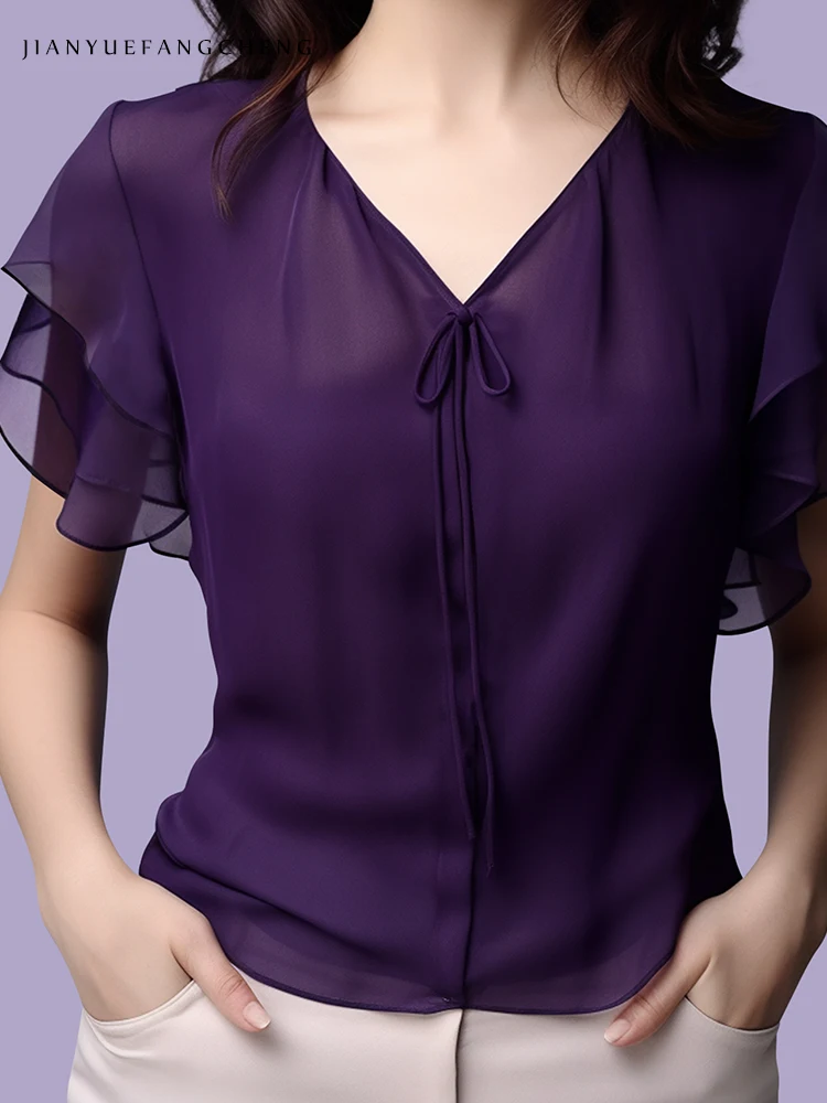 2024 Summer Purple Ruffled Chiffon Shirt Women's Top V-neck Short Sleeve Slim Female Casual Tulle Blouses