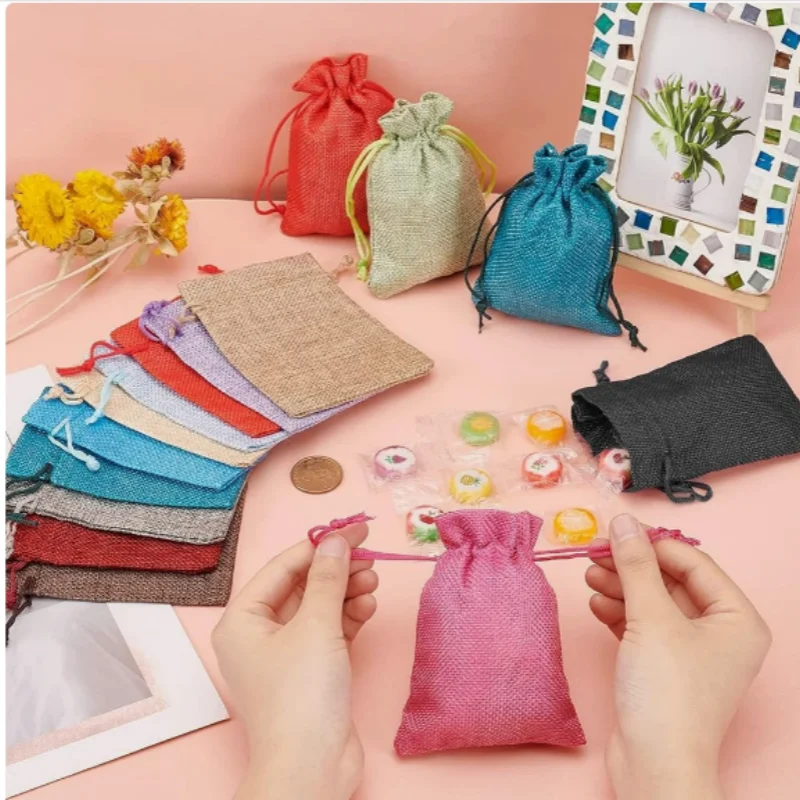 Hot 50PCS Linen Jute Drawstring Pouch Cotton Mix Color Packages for Packaging Gift Wedding Party Christmas Candy Bags (4 size)