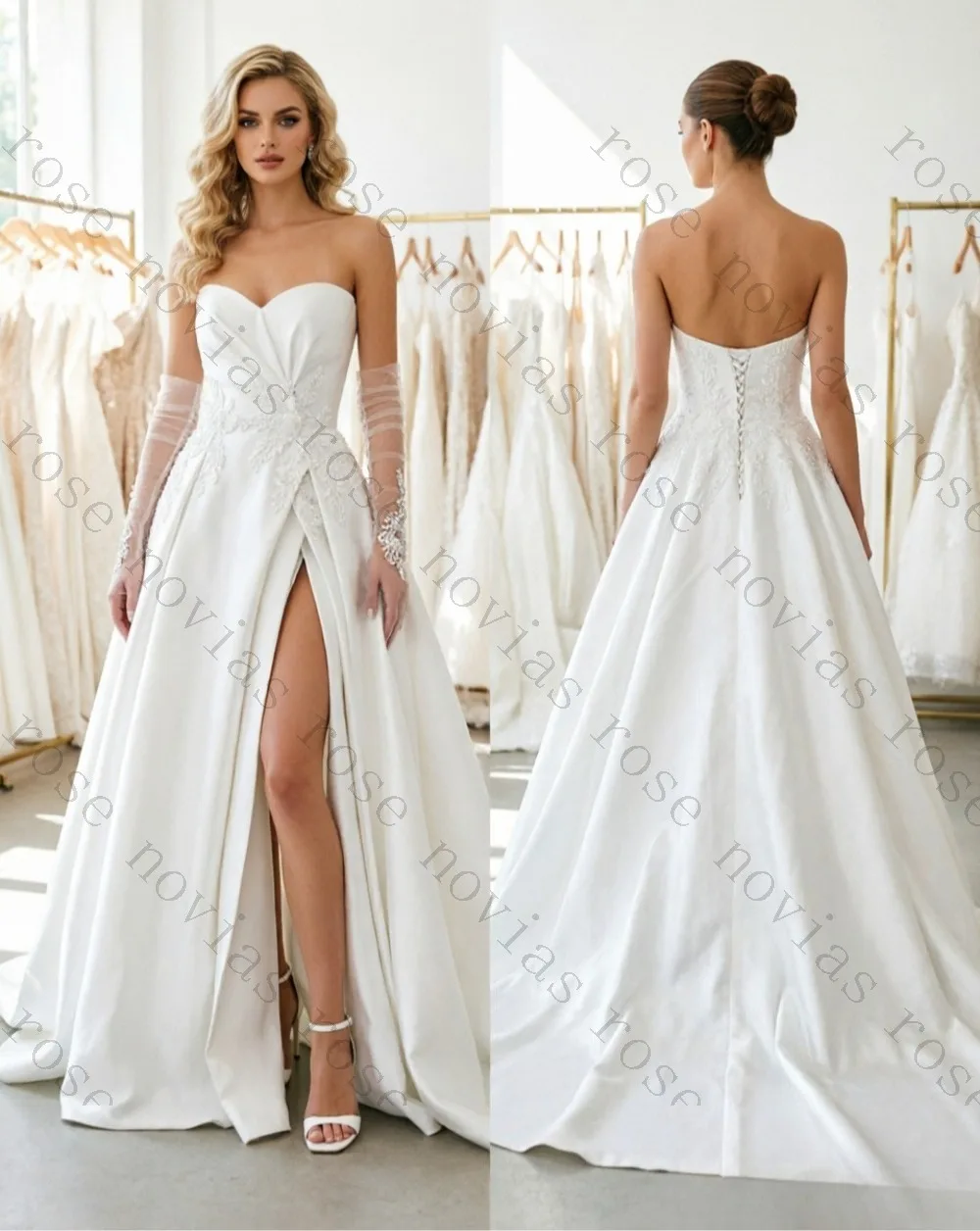 Customized Strapless Sweetheart Satin Dress Lace Applique High Slit Detachable Overskirt Chapel Train Bridal Gown for Wedding