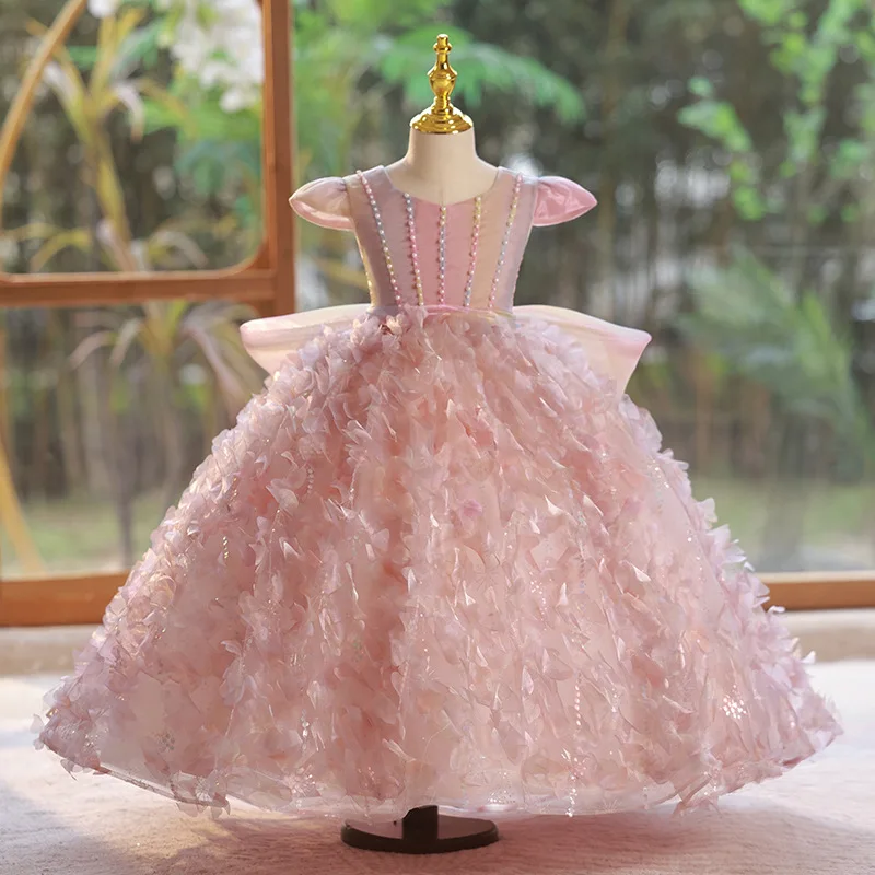 

Real Picture Luxury Pink Dresses For Girls Pearls Ball Gown Kids Birthday Party Formal Wear Flower Girl Wedding vestido infantil