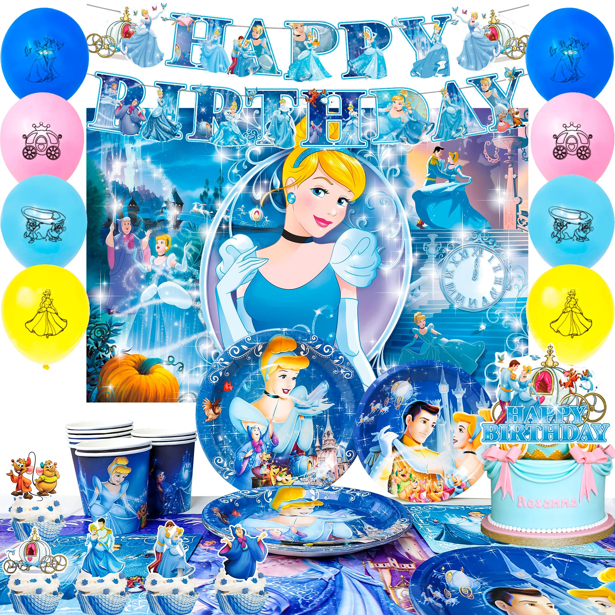 112 pièces de décorations et de vaisselle pour fête de Cendrillon - Assiettes, ballons, toile de fond, etc. - Fournitures pour fête d'anniversaire de Cendrillon