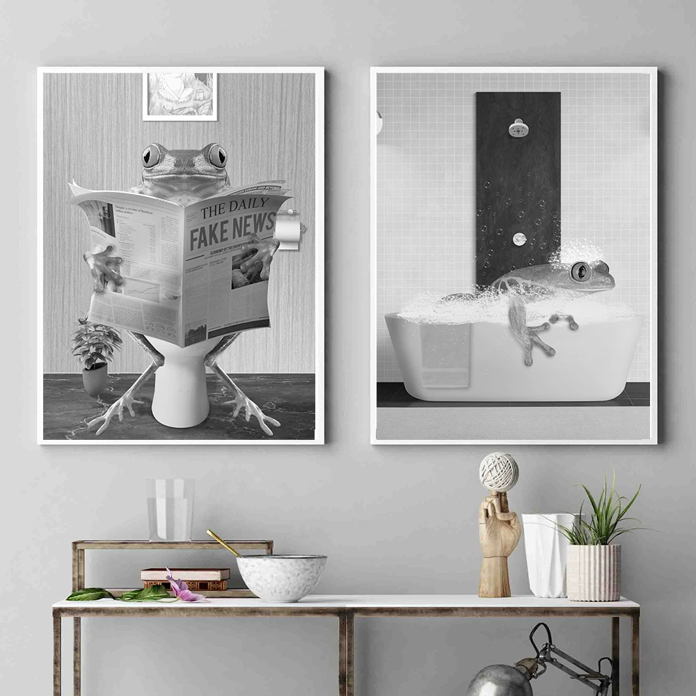 

Funny Frog In Bathroom Print Art Toilet Wall Black White Poster Whimsy Animal Reading Newspaper Canvas Painting Room Home Decor