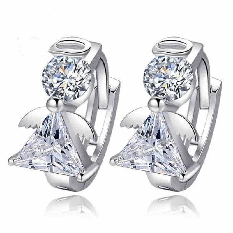 925 Sterling Silver Earrings Zircon Crystal Angel Ear Hoops for Women Jewelry Gifts