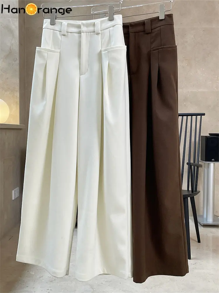 HanOrange 2024 Autumn Winter Fashion Double Pleated Wide Leg Pants Women Loose Profile High Waist Casual Trousers Thick Female