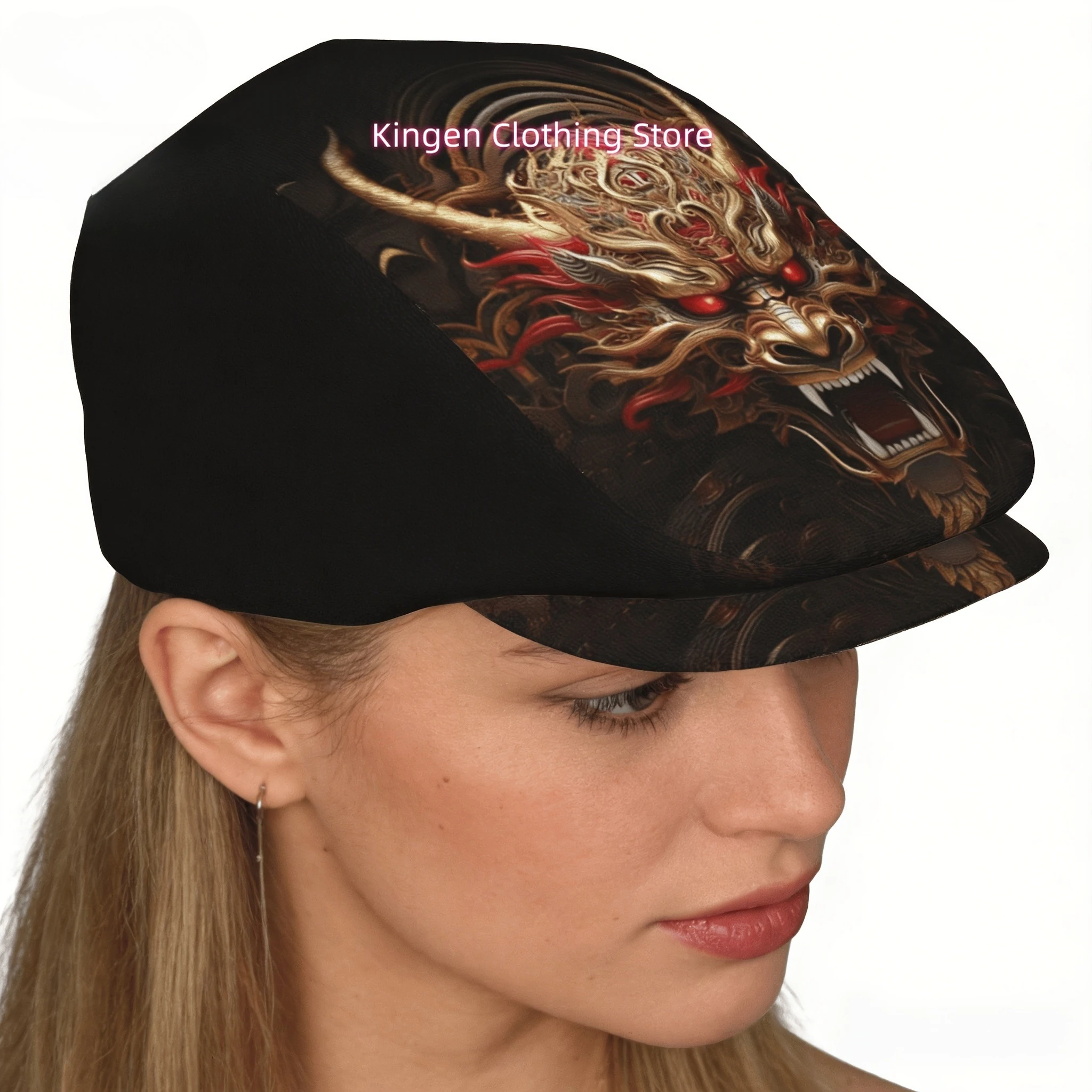 Golden Dragon Head All-Over Print Flat-Top Hats for Men And Women, Newsboy Caps, Berets, Irish Hats, Driver Caps, Retro Hats, Pa