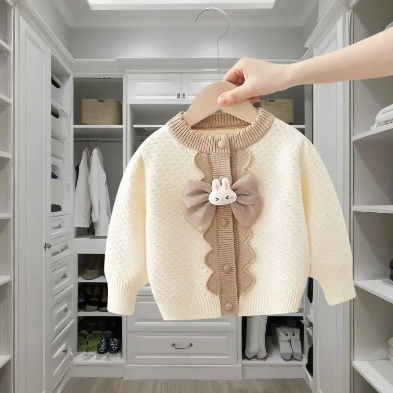 

Kids Girls Knitted Sweaters Cute Lace Rabbit Applique Pink Wine Red Beige Autumn Winter Cotton Cardigan Children Casual Tops