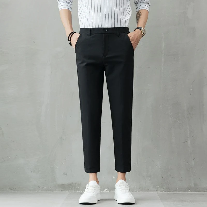 Tressed Office Trousers For Men Slim Fit 9 Cropped Blue Man Suits Pants Work Classic Spring Clothes Clothing Premium Up