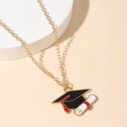 Creative Cartoon Bachelor's Hat Enamel Alloy Pendant Graduation Bouquet Necklace For Women Trendy Charm Student Jewelry Gifts