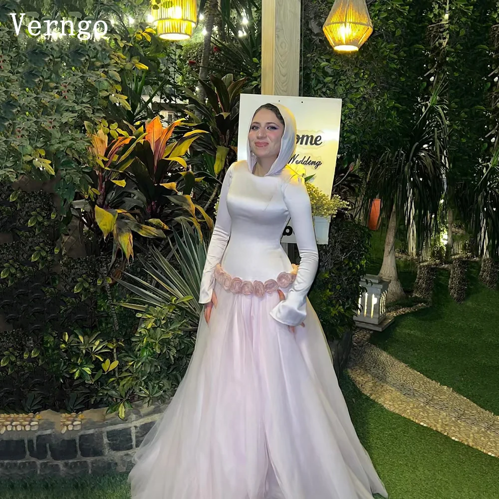 

Verngo Pink 3D Flowers Modest Evening Dress O Neck Full Sleeves A Line Formal Occasion Dress Elegant Party Gown Customized