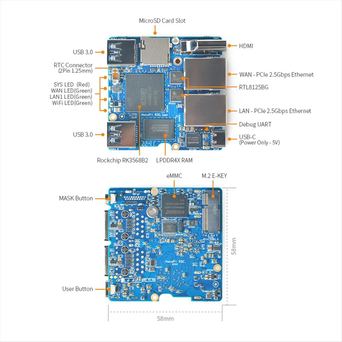 

Стабильная макетная плата NanoPi R5C RK3568 Двойной порт 2,5G ETH + плата разработки модуля Wi-Fi M.2 Цельнометаллический корпус 2 ГБ + 32 ГБ EMMc