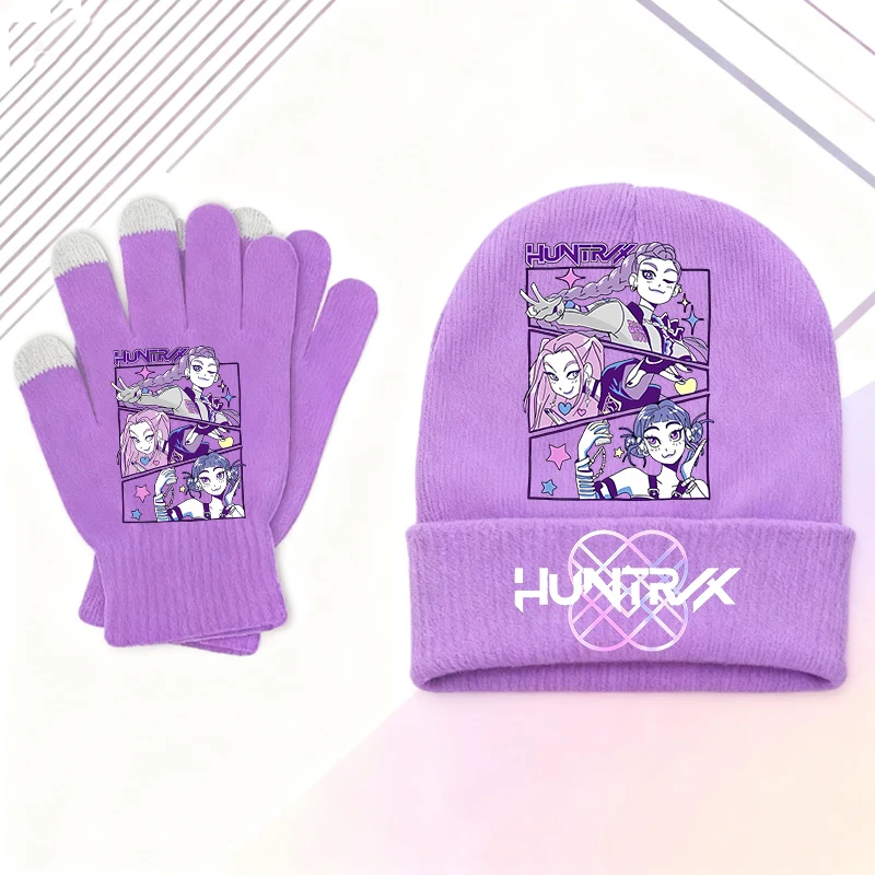 

K-Pop Demon Hunters Knitted Glove and Hat Set Cartoon Anime Pattern Gloves Cap Autumn Winter Outdoor Windproof and Warm Mittens