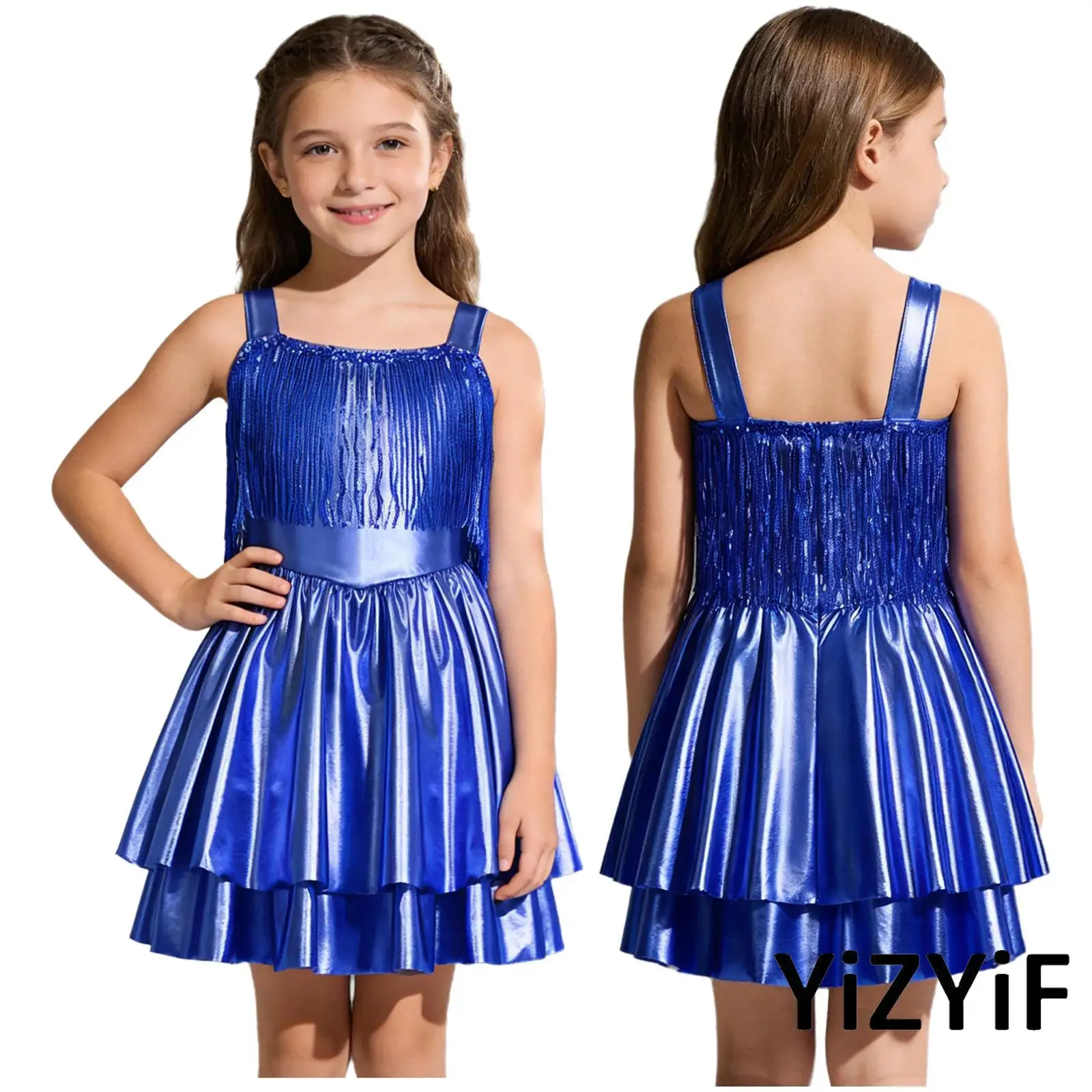 

Kids Girls Metallic Shiny Party Dress Sequin Tassel Sleeveless Tiered A-line Hem Jazz Tank Dress for Modern Ballroom Stage Dance