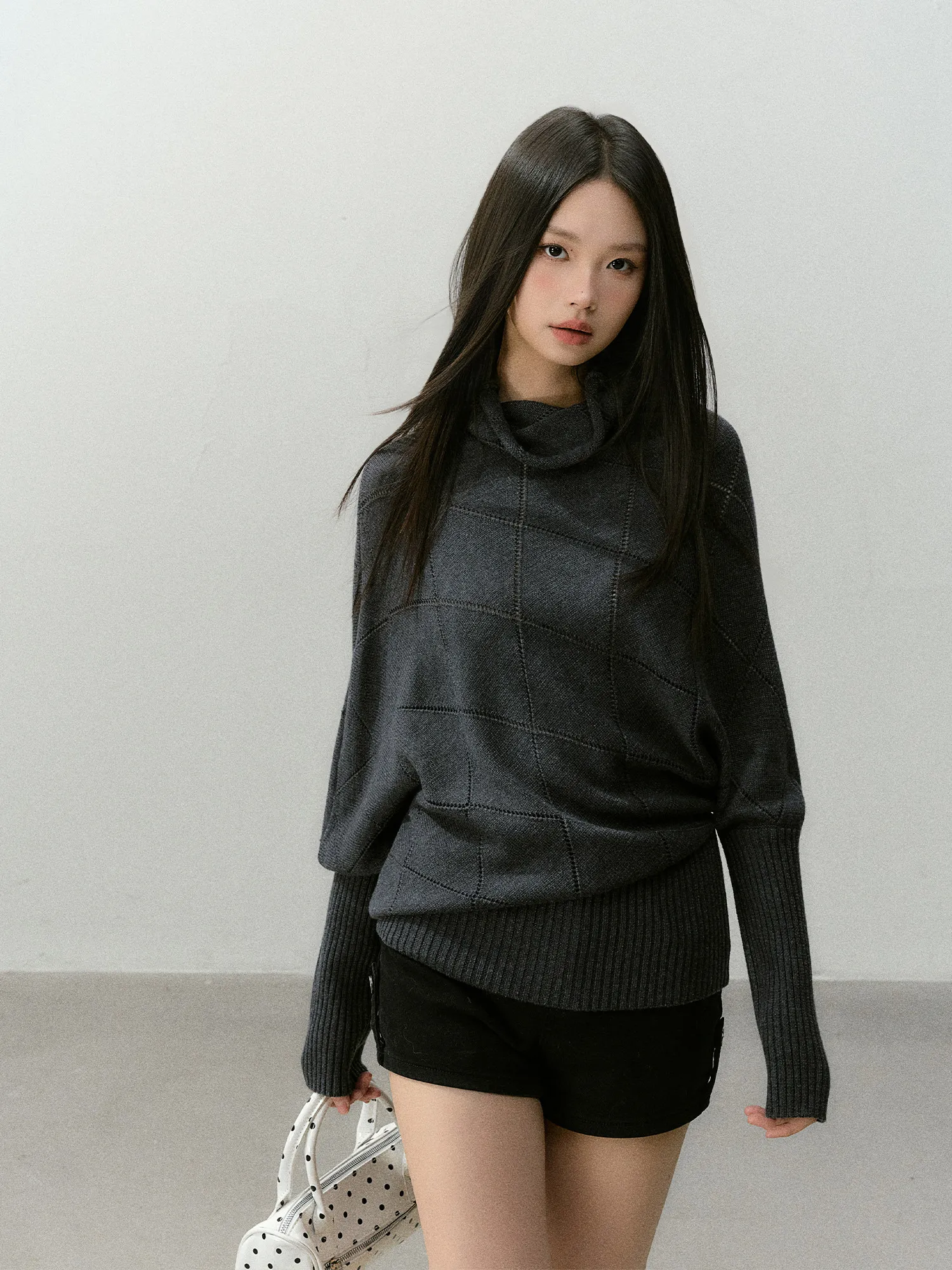 

CyNi Dill Bubble Hollow out Diamond Pattern Wool Knitted High Collar Sweater Slimming Loose Fit Women's Long Sleeve Top
