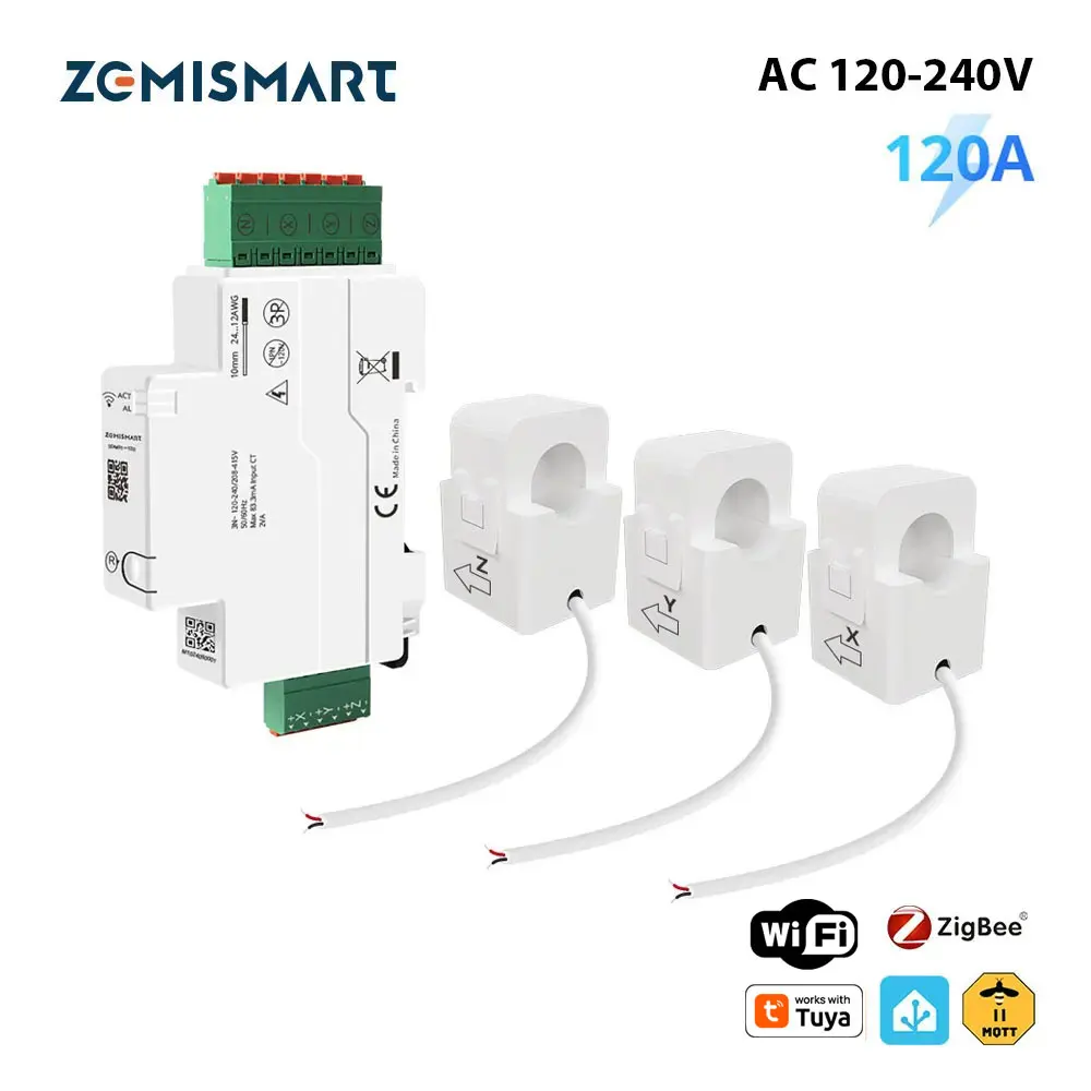 Zemismart 120A Smart Din-rail Energy Meter Zigbee WiFi 3 Phase Power Monitor with Split-core CTs Home Assistant Zigbee2mqtt