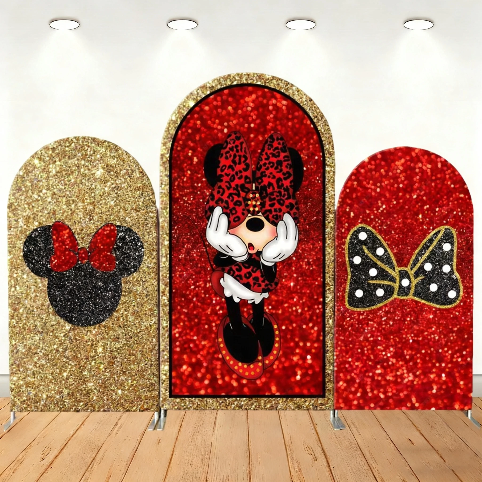 

Minnie Arch Backdrop Disney Themed Gold Red Glitter Girls Birthday Party Baby Shower Photography Background Wall Decoration Prop