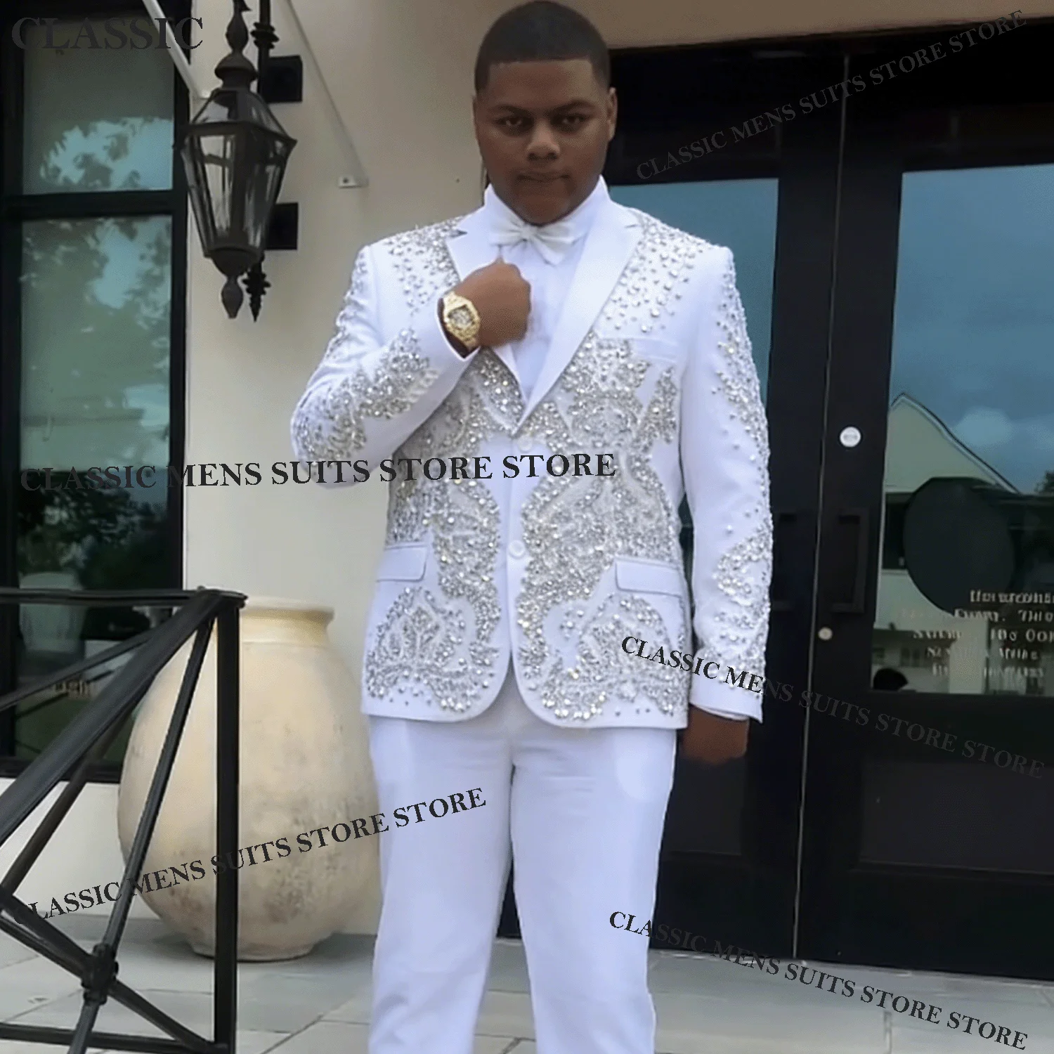 

Customized Crystal Rhinestones Men Glitter Suits 2 Pieces Sets Groom Male Blazers Wedding Formal Tuxedos Slim Fit Ropa hombre