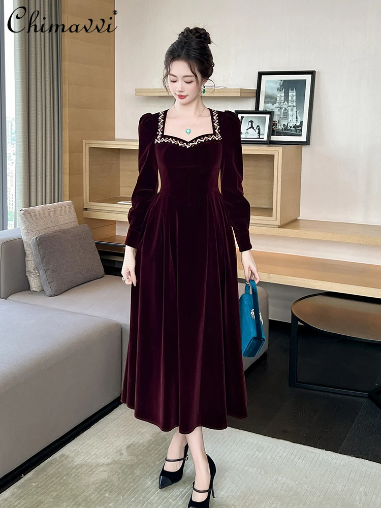 French Simple Elegant Diamond Square Neck Long Sleeve High Waist Slim A-line Big Hemline Velvet Long Evening Dress Women Autumn