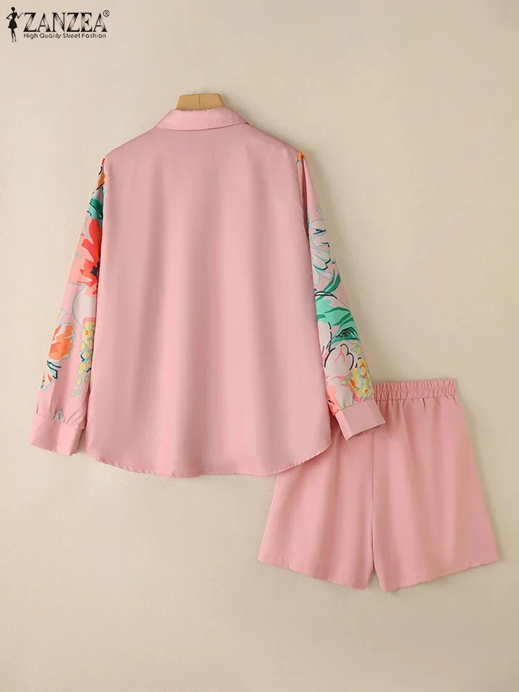 ZANZEA Summer Casual Holiday 2 Pieces Short Sets Women Floral Print Long Sleeve Shirts & Elastic Waist Shorts 2pcs Suits Outfits