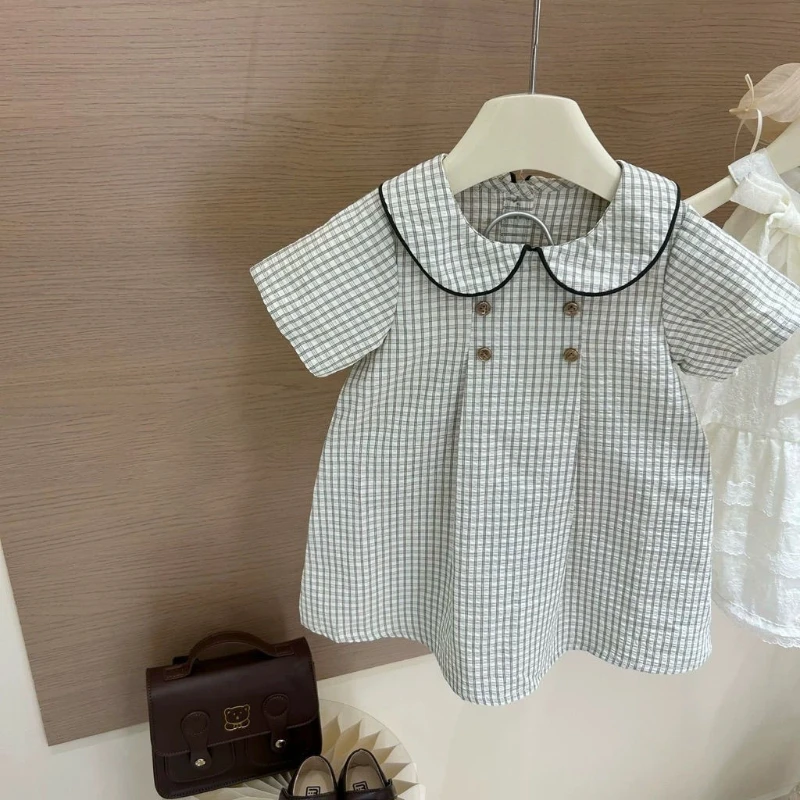 Summer New 2026 Design Sense Plaid Doll Collar Short Sleeved Button Decoration Cute Princess Dress