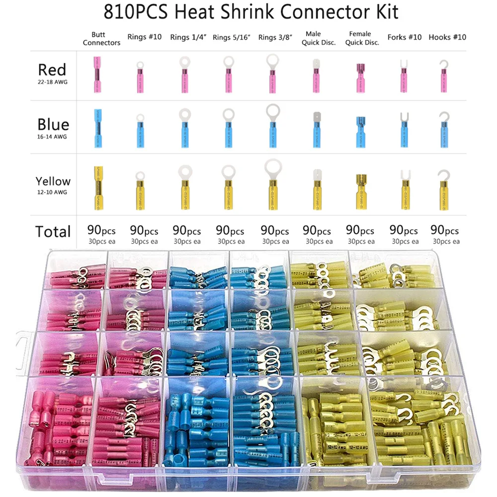810PCS heat shrink wire crimping connector Insulated automotive and marine wire terminal kit Ring fork hook shovel docking joint