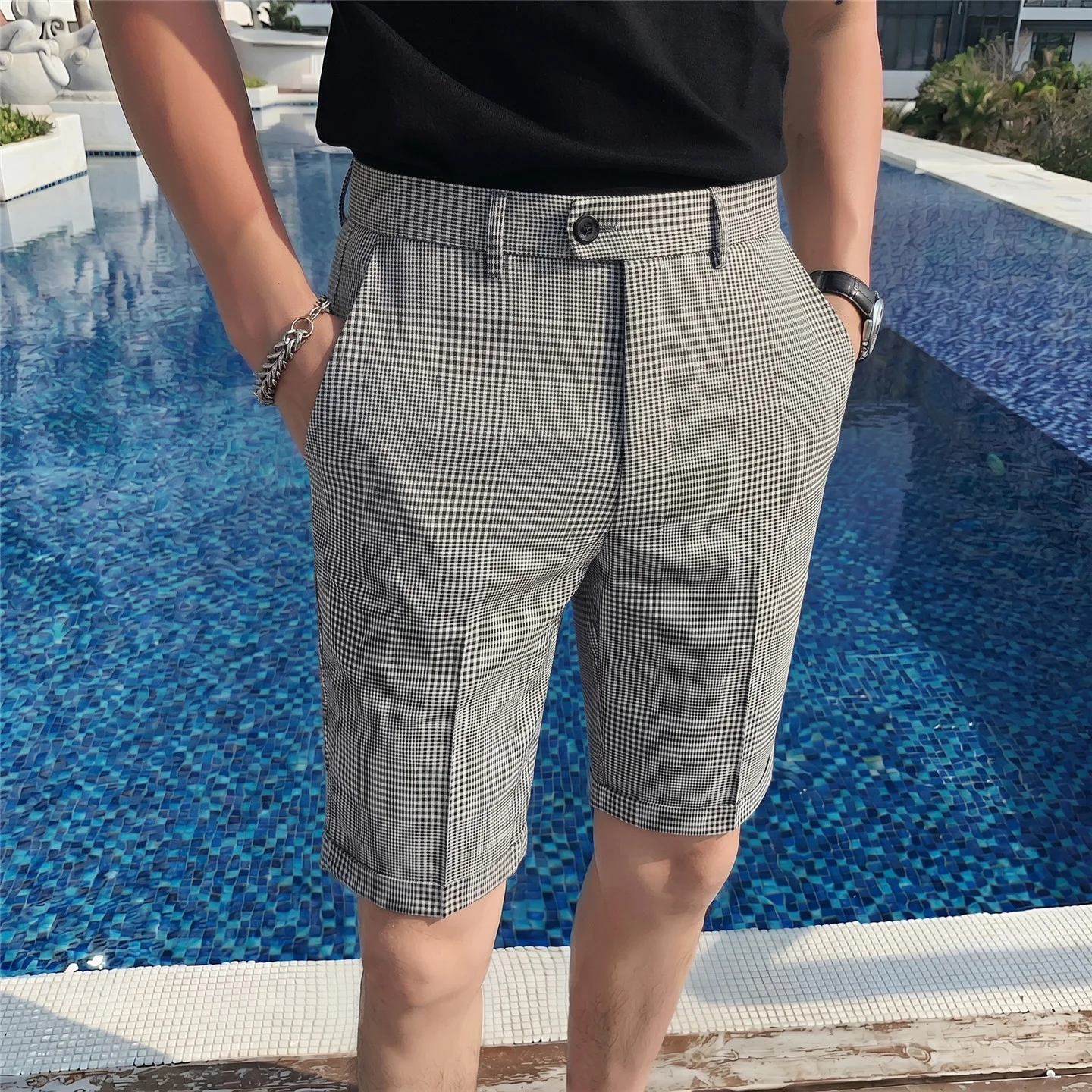 

Summer Men's Plaid Stripe Shorts New Fashion Casual Social Daily Slim Fit Suit Shorts Men Straight Beach Knee Length Short Pants