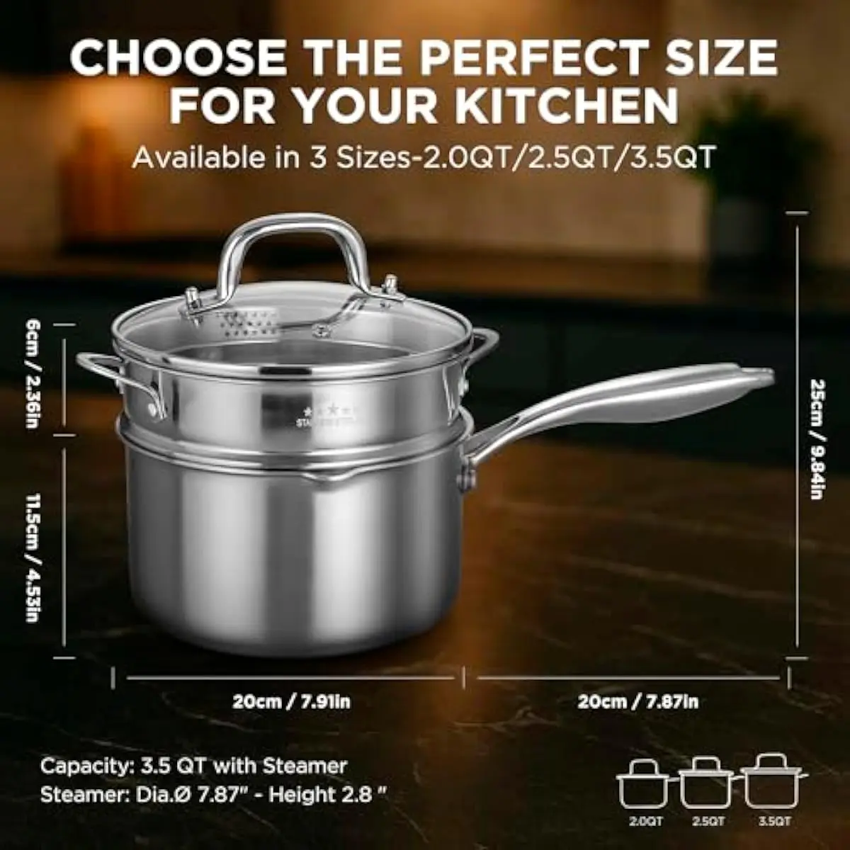 Tri-Ply Stainless Steel Saucepan with Removable Steamer Basket and Tempered Glass Lid Featuring Dual Drain Holes — 3.5-Quart Cap