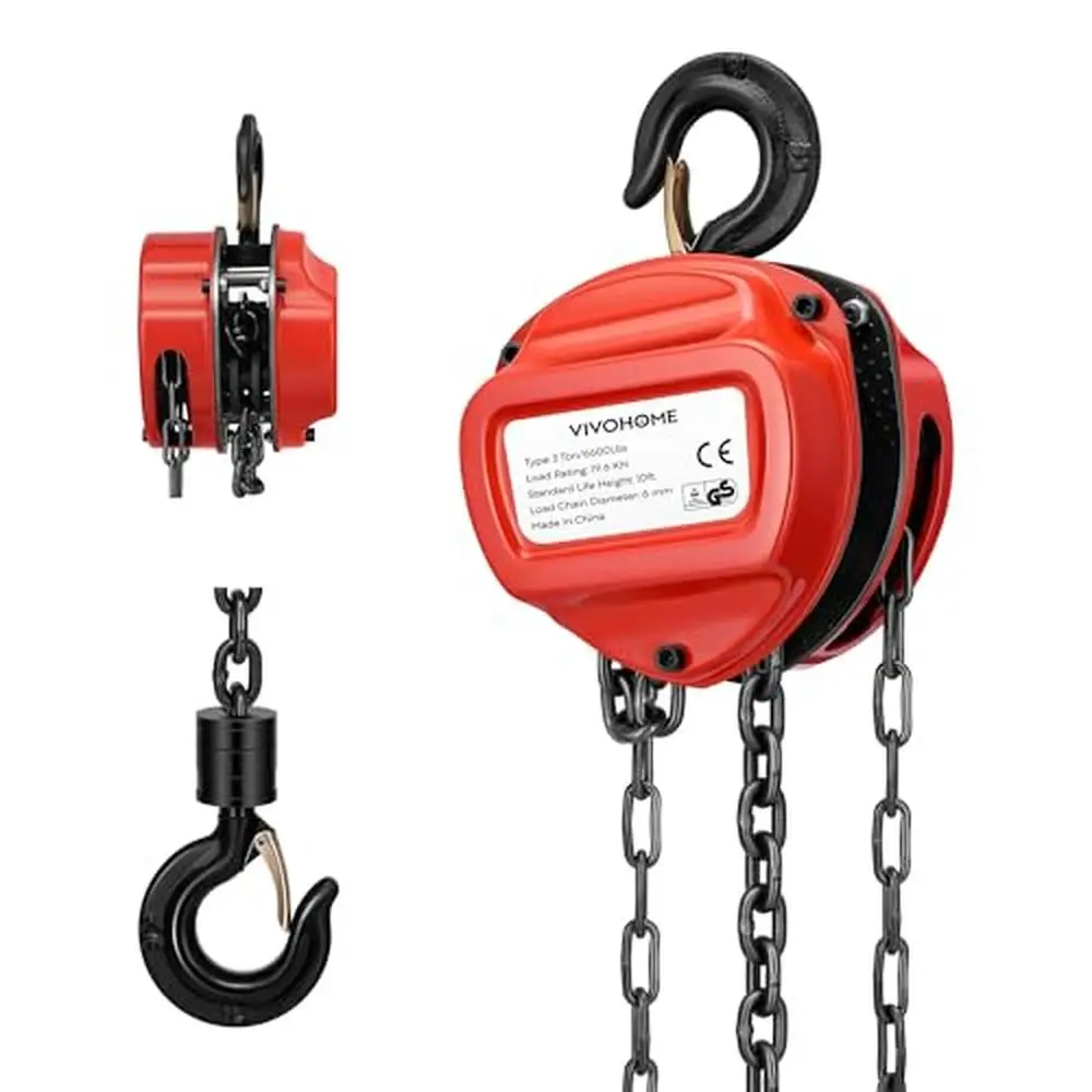 3 Ton Red Mini Chain Hoist 6600Lbs Heavy Duty Pulley G80 Manganese Steel Manual Fall Premium Material Excellent Capacity