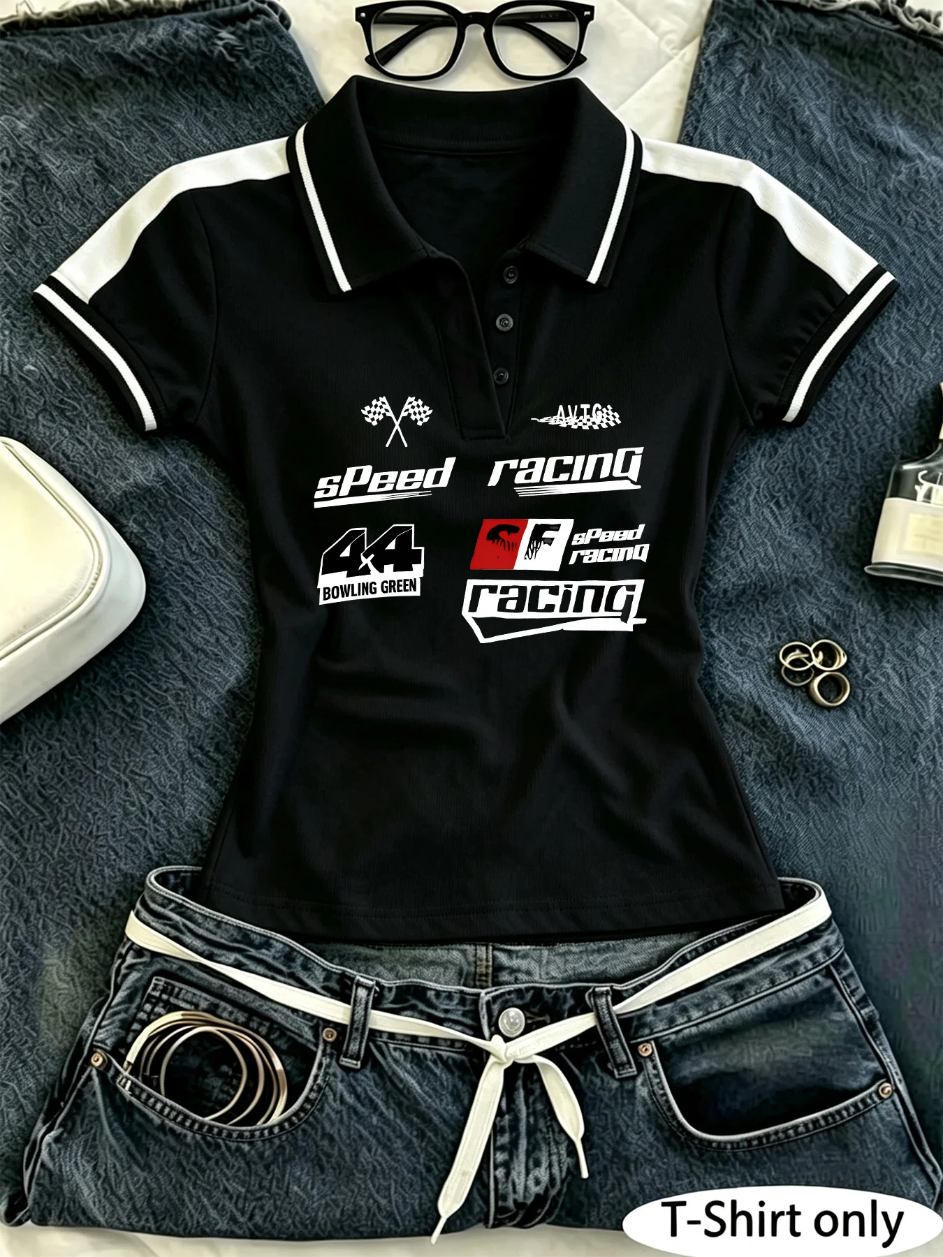 Women’s Y2K Cropped Polo Shirt, Racing Flag Number Graphic Contrast Stripe Short Sleeve, Slim Fit Retro Motor Streetwear Top
