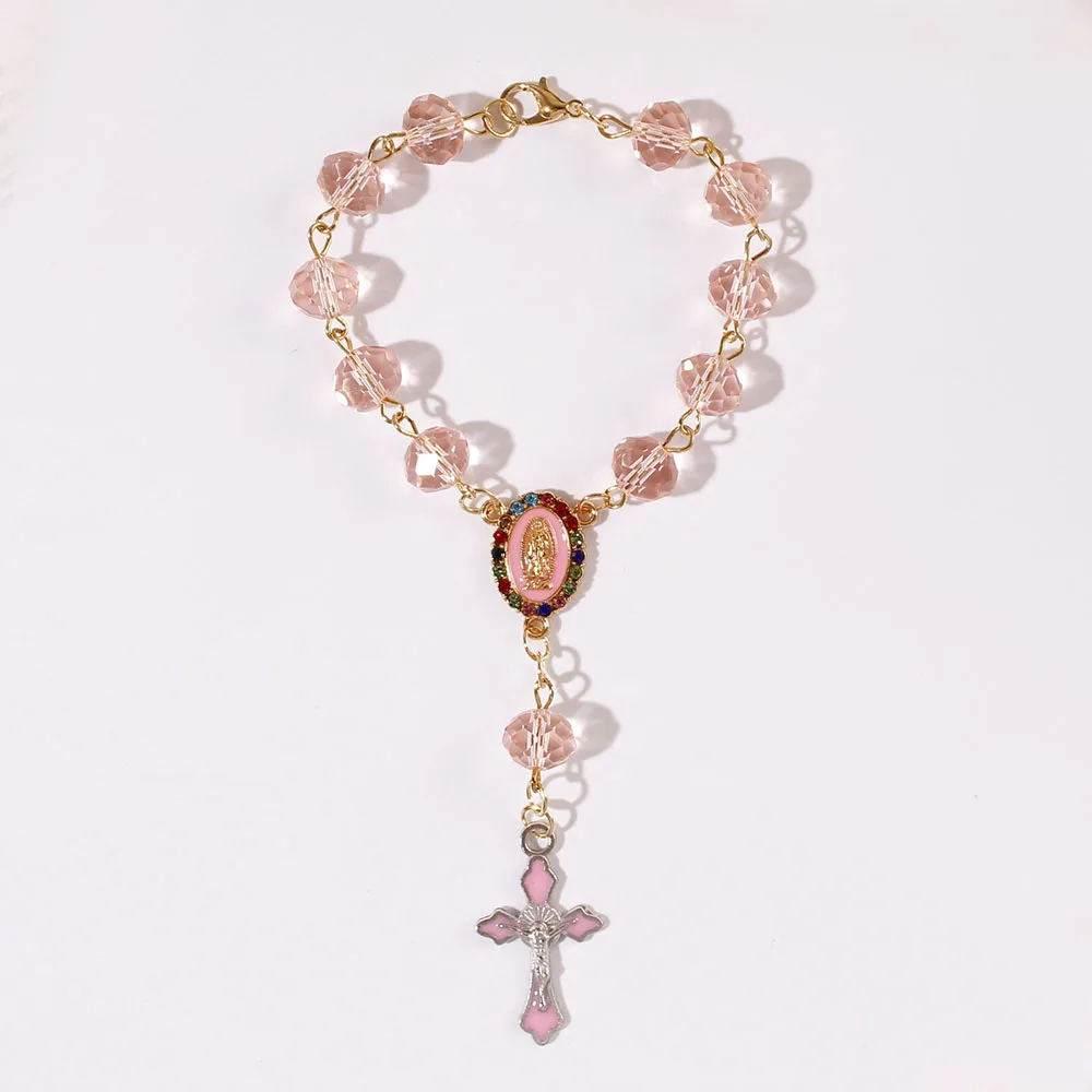 Pulsera de Rosario Católica con Cuentas de Cristal Rosa, Colgante de Cruz de Nuestra Señora de Guadalupe, Joyería Religiosa para Bautizo, Joyería de Protección