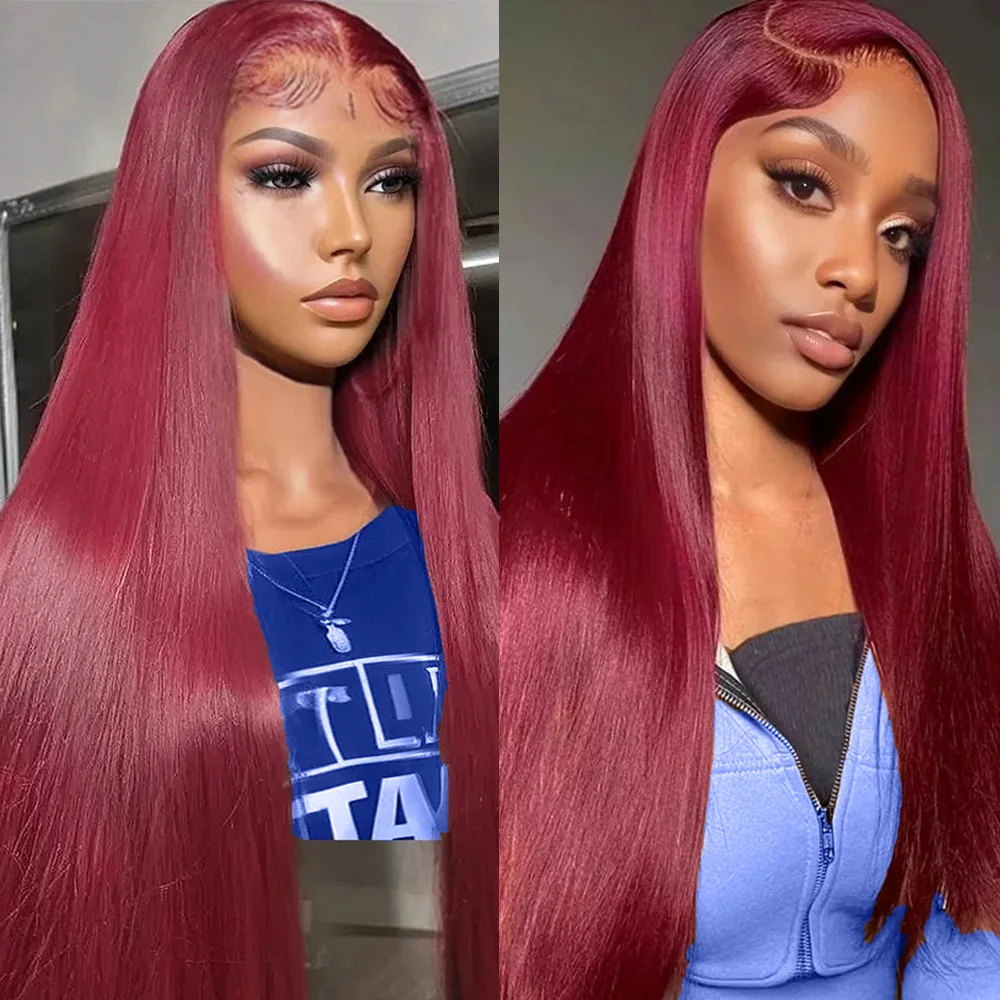 200 Плотность 99j Бордовый 36 дюймов 13x6 Прямые кружевные фронтальные парики из 100% человеческих волос HD Прозрачный кружевной цветной красный парик для женщин