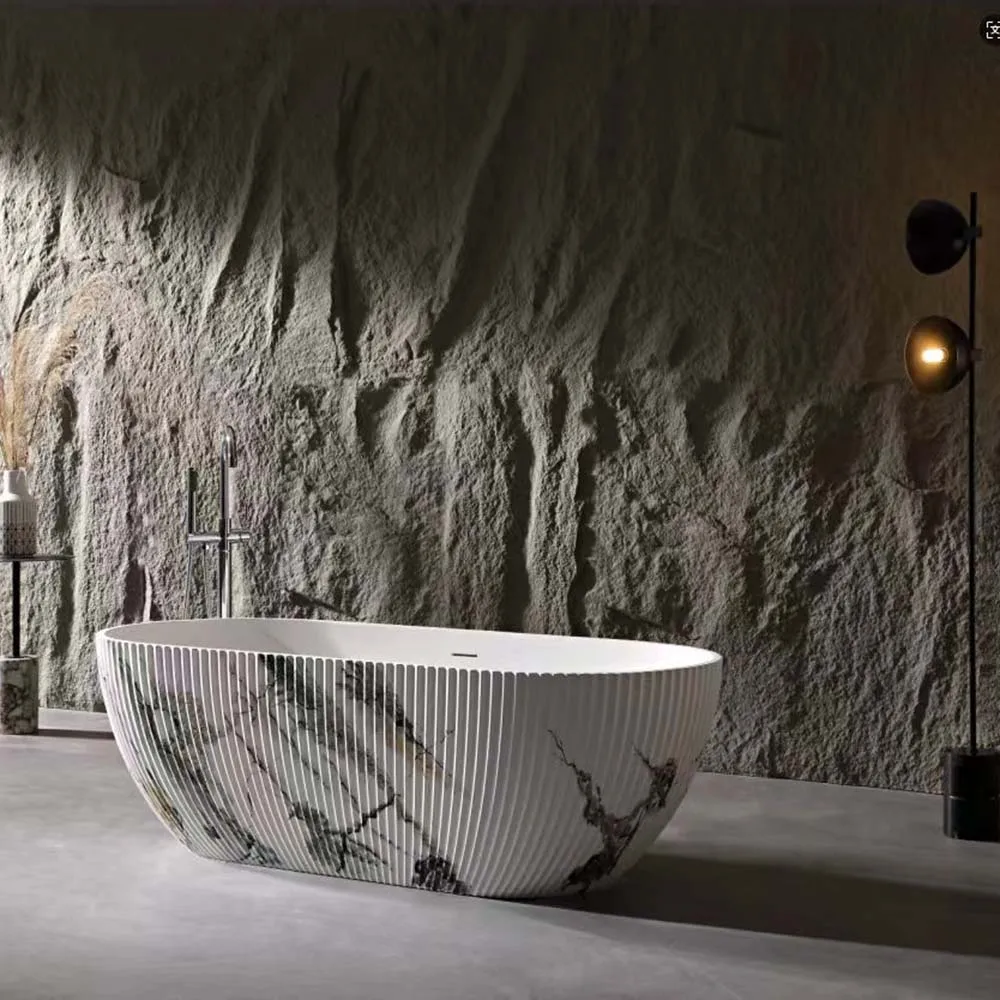 

Striped Single-sided Pattern Artificial Stone 1 Person Freestanding Soaking Bathtub Matching Basin For Bathroom