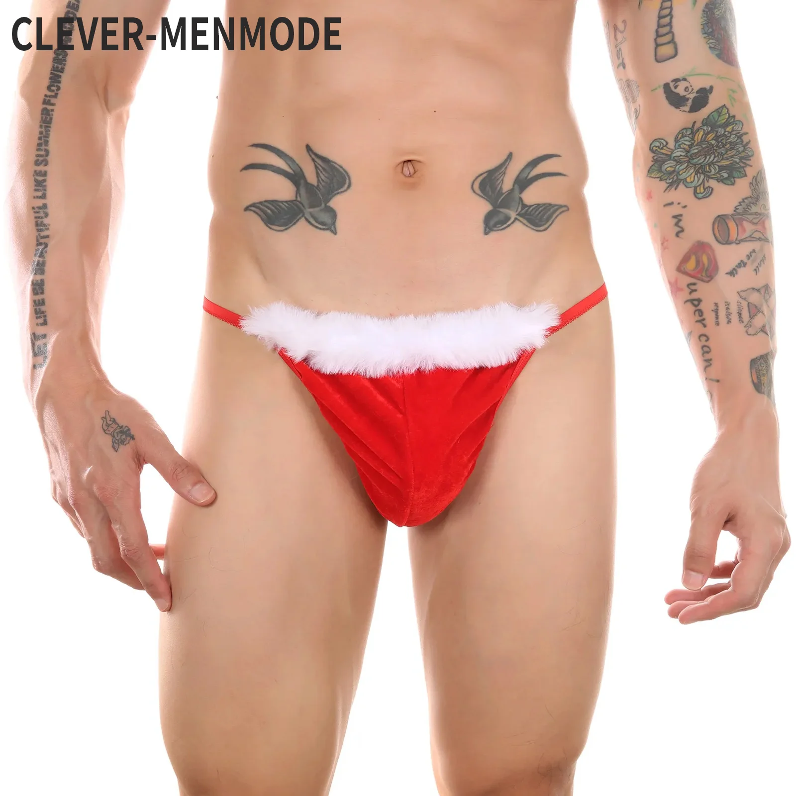 CLEVER-MENMODE Men Christmas Costume Thong G String Sexy Erotic Underwear Santa Claus Fluff Lingerie Underpants Panties