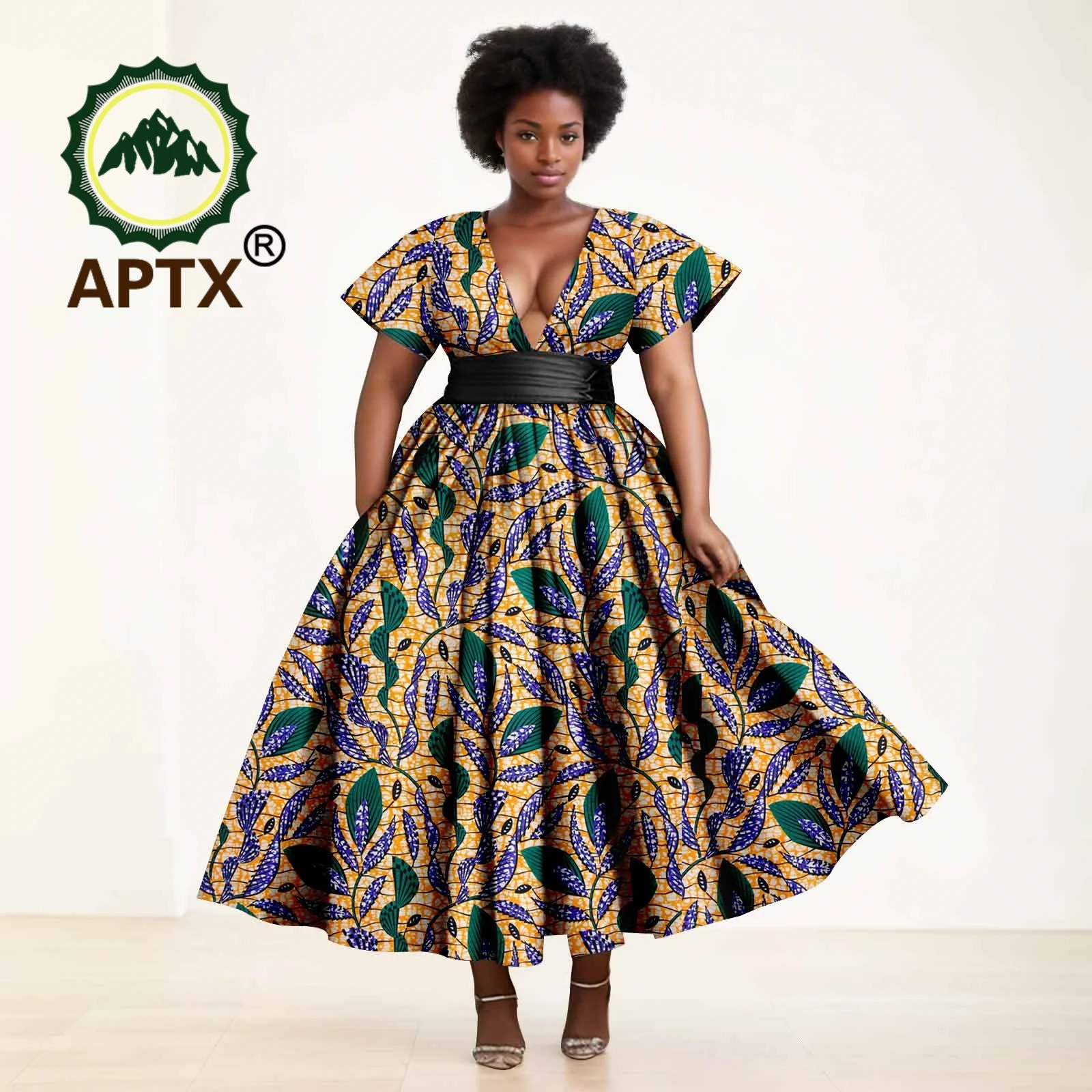 여성용 아프리카 드레스 앙카라 프린트 반팔 V넥, 벨트와 발목 원피스, 캐주얼 파티 웨딩 드레스