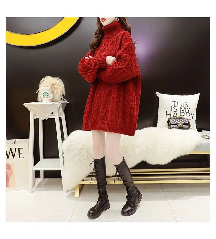 Red High Neck Sweater Women Thickened Mid length Autumn/Winter 2023 New Versatile Loose Thread Bottom Sweater Women Sweater tops