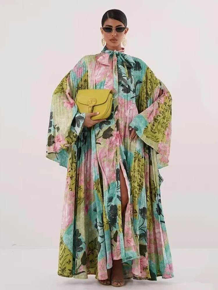 

Retro geometric printed bow collar single-breasted batsleeve dress 2025 autumn women's puffy skirt loose pleated skirt