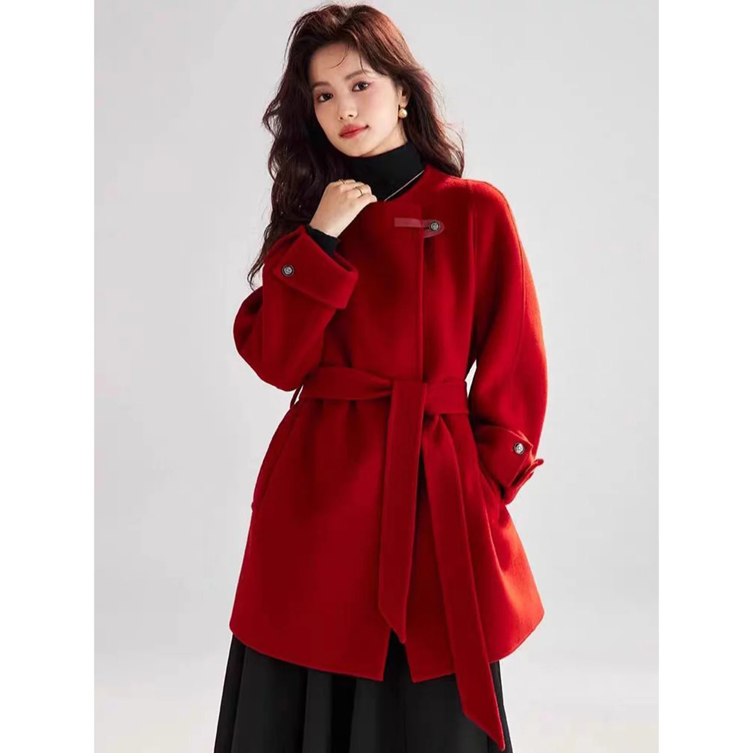

Allingentle Red Women's Blazer Woolen Fashion Jacket Warm Coat with Belt for Cocktail Party Daily Outfits Customize