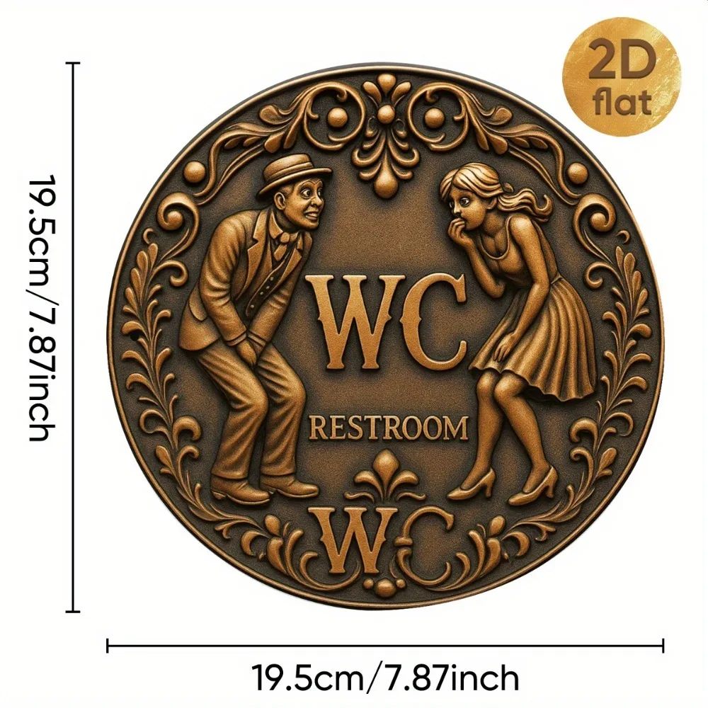 Vintage "WC Restroom" Round Iron Sign Elegant Couple Art, Bathroom Bar Decor, Easy Hang - view 2