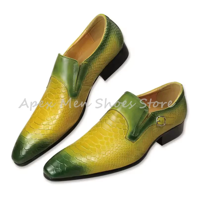 

Designer Yellow Green Snakeskin Leather Loafers Pointed Toe Gradient Buckle Low Heel Formal Shoes Men's Daily Oxford Shoes Work