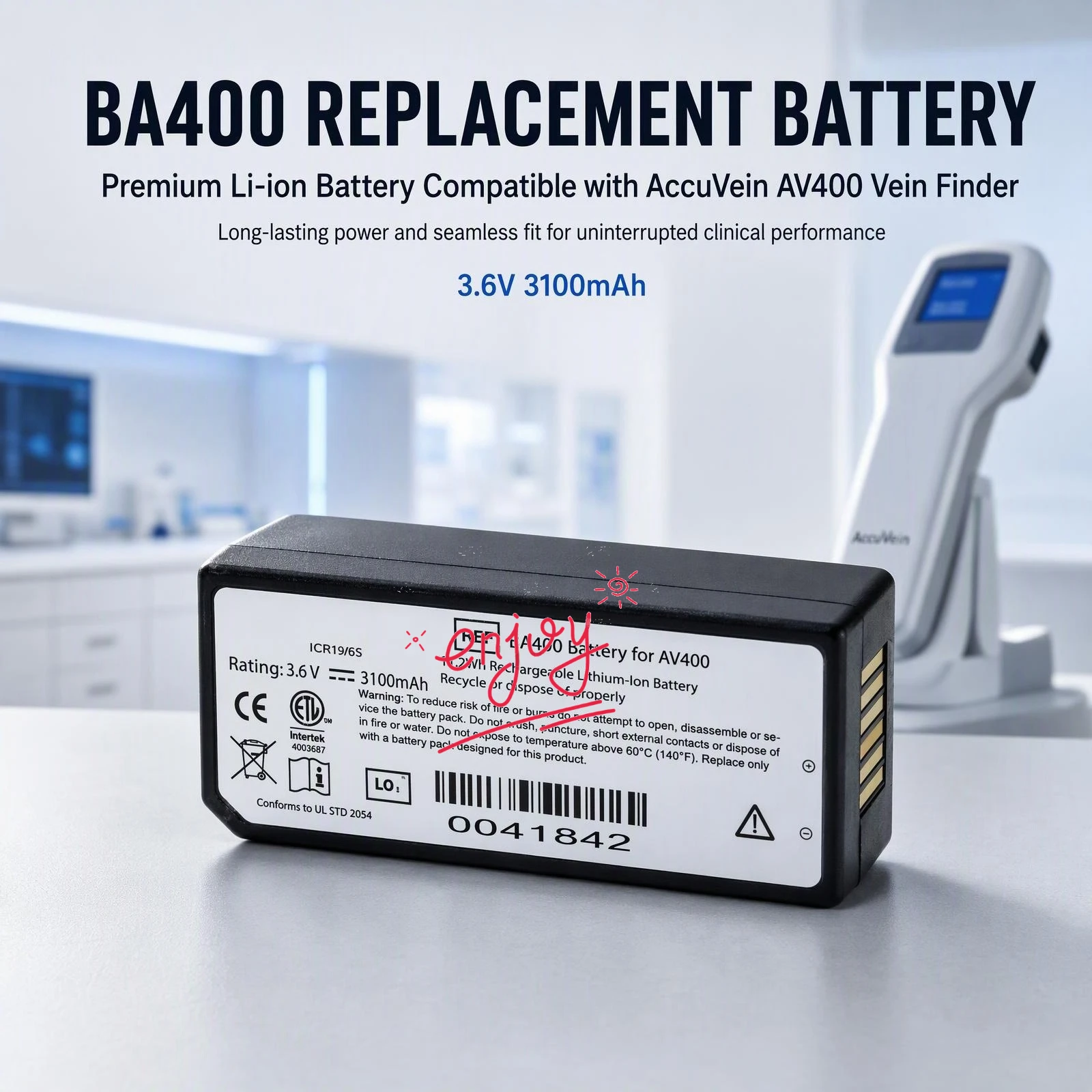 BA400 Li-ion Replacement Battery Pack Compatible with AccuVein AV400 Vein Finder Vein Visualization Imaging Device