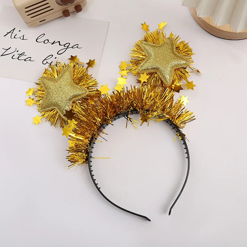 12pcs Happy New Year Headwear Christmas Gold Silver Pentagram Star Tinsel Headband for Adult or Children