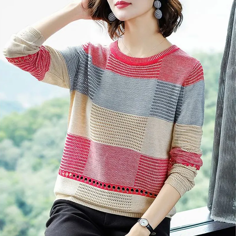 Fashion Hollow Out Patchwork Jumpers Casual Female Clothing Long Sleeve Spring Autumn Color Commute Round Neck Knitted Sweaters