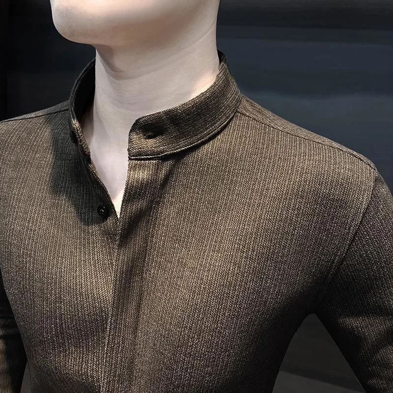 Spring Autumn New Stand Collar Casual Fashion Woolen Shirt Male Long Sleeve Solid Color Buttons Business Bottomed Blouse Top Men