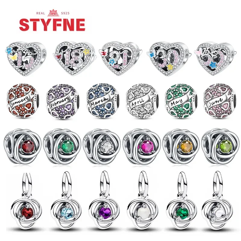 925 Silver Twelve Month Birthstone Heart Eternity Charms Beads Pendant Fit Original Pandora Bracelet for Women Fine Jewelry Diy