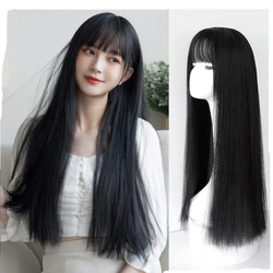 70CM Long Black Straight Wig with Bangs for Women Heat Resistant Fashionable Elegant Synthetic Wig for Daily Party and Cosplay