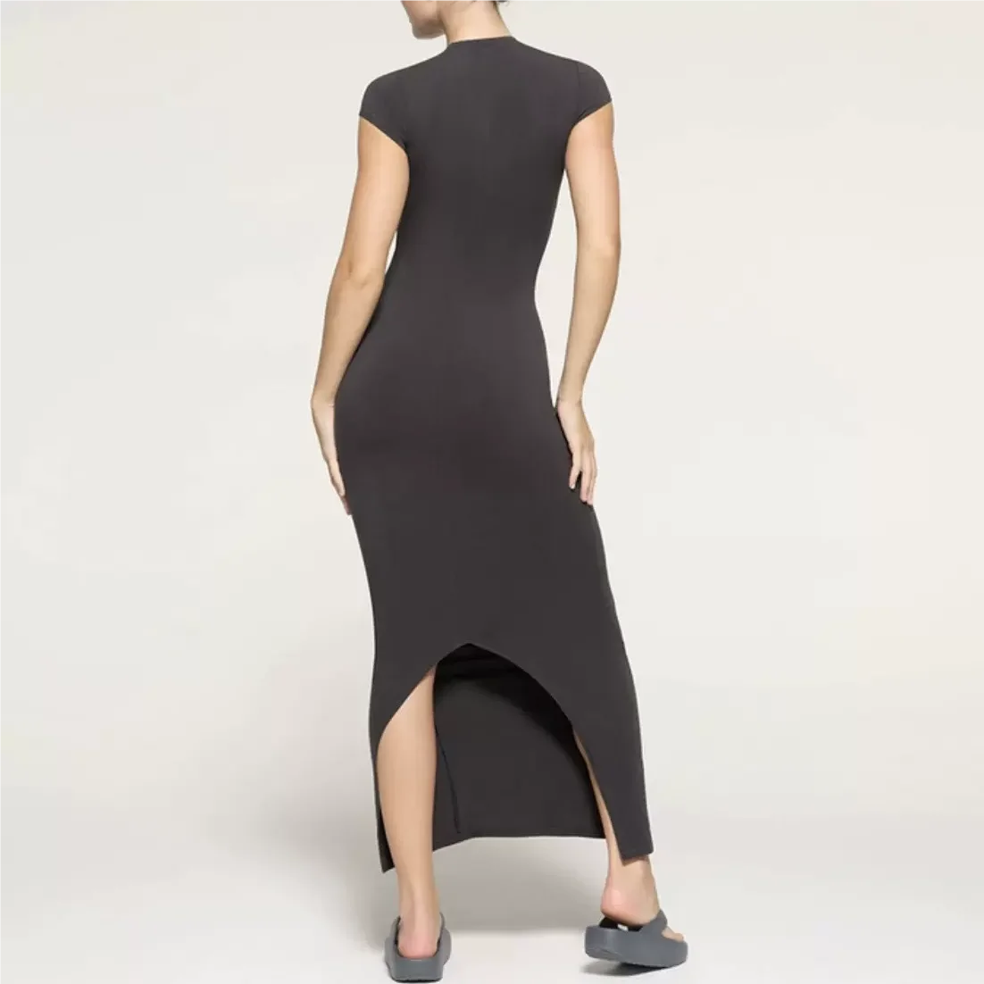 Vestidos largos de manga corta para mujer, traje sexy de una pieza, color negro, ropa vintage, midi, bodycon de punto, verano, 2024