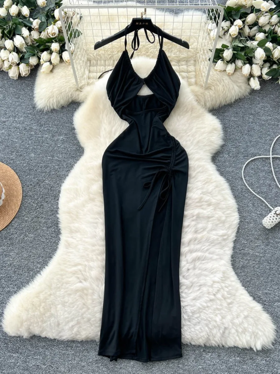 Foamlina Sexy Waist Cutout Halter Strap Dress Women Solid Color Slim Fit Flattering Summer High Slit Backless Maxi Dress
