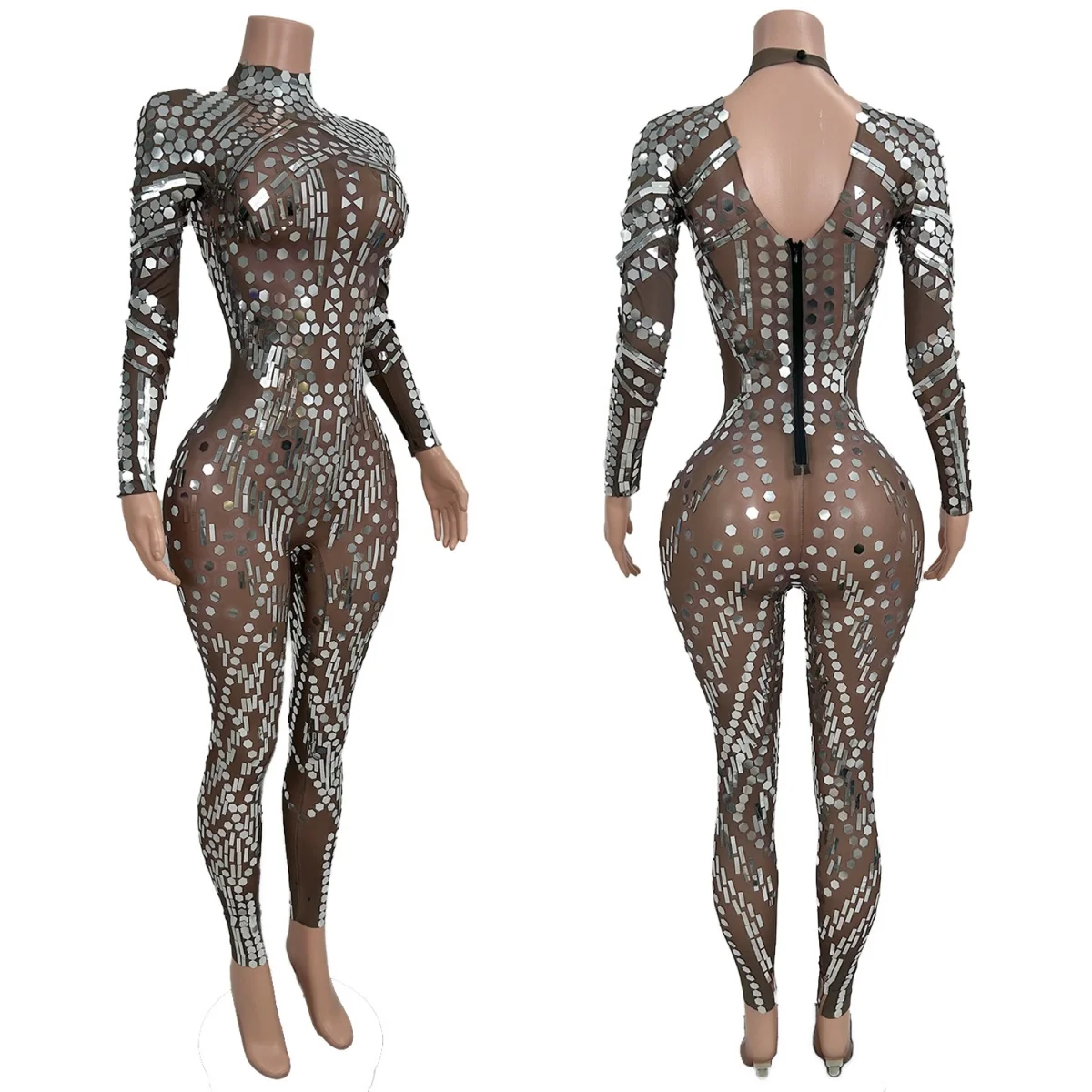 

Women High-End Sparkling Rhinestone Sequins Mesh Jumpsuit Sexy Tight Performance Dance Wear Club Party Event Outfit Shuilifang