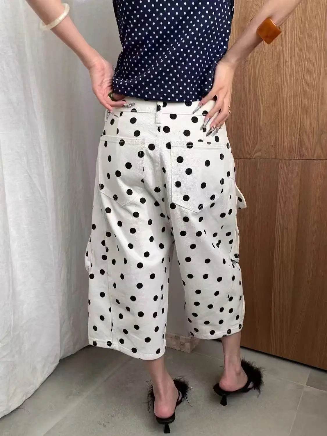 Summmr Women American Retro Polka Dot Jorts Cargo Jean Shorts Tide Abi Y2K Harajuku 2000s Denim Calf-Length Pants High Street
